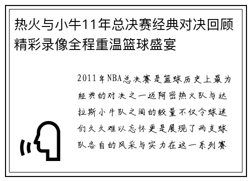 热火与小牛11年总决赛经典对决回顾精彩录像全程重温篮球盛宴